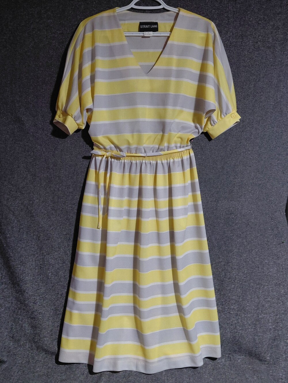 Vintage 70s Yellow & Gray Striped Midi Dress Puff Sleeves Sz 12